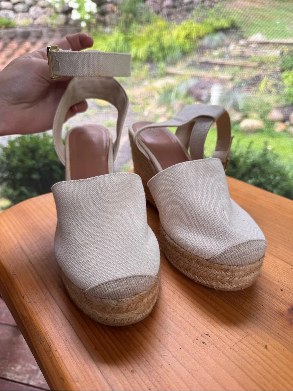 H&M Cream Canvas Espadrille Wedge Sandals with Ankle Strap